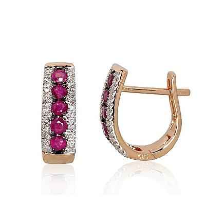 Ant cilindrinės spynos,  - Auksiniai auskarai ant cilindrinės spynos, Raudonas Auksas 585 praba, rodis (padengti) , Briliantai , Rubinas