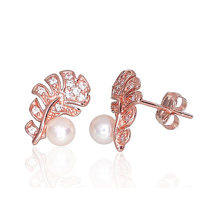 Klasikiniai pusetai,  - Auksiniai auskarai –pusetai, Raudonas Auksas 585 praba, Cirkonai, Perlai