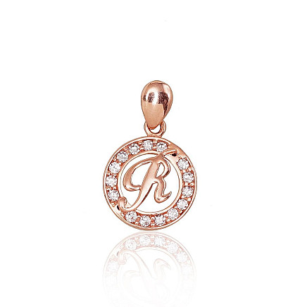 Raidės,  - Auksinis pakabukas, 0.84 g, Raudonas Auksas 585 praba, Cirkonai, Raidė: R