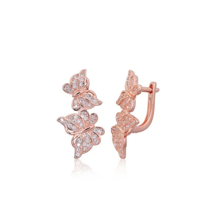 Ant cilindrinės spynos,  - Sidabriniai auskarai ant cilindrinės spynos, Sidabras 925 praba, raudonas auksas (padengti), Cirkonai