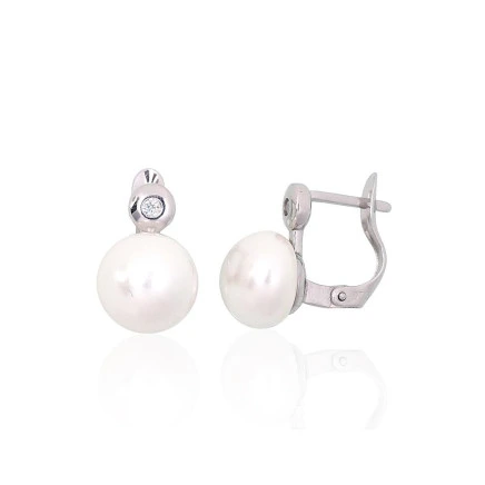 Ant cilindrinės spynos,  - Sidabriniai auskarai ant cilindrinės spynos, Sidabras 925 praba, rodis (padengti), Cirkonai , Perlai